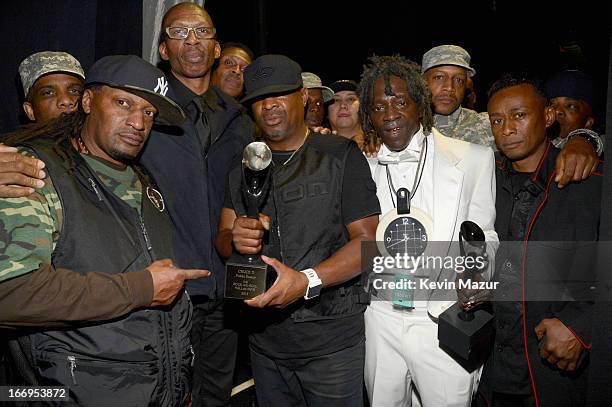 Producer Hank Shockley , inductee Chuck D , inductee Flavor Flav and inductee Professor Griff attend the 28th Annual Rock and Roll Hall of Fame...