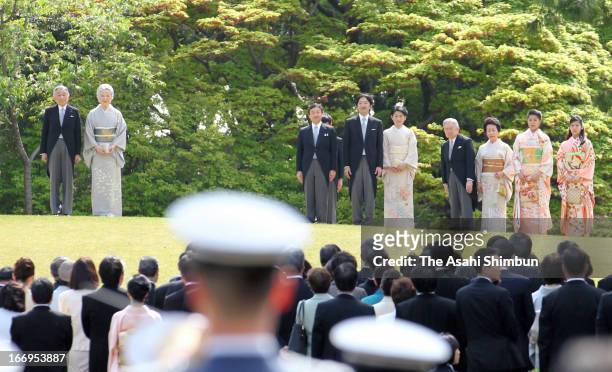 Emperor Akihito, Empress Michiko, Crown Prince Naruhito, Prince Akishino, Princess Kiko of Akishino, Prince Hitachi, Princess Hanako of Hitachi,...