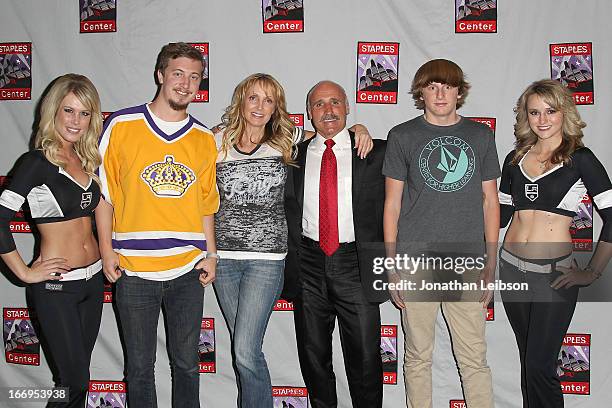 Daryl Evans and The LA Kings Ice Crew pose with guests at the LA Kings Chalk Talk & Game Experience at Staples Center on April 18, 2013 in Los...