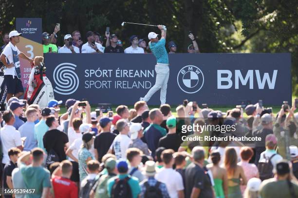 Rory McIlroy of Northern Ireland tees off on the 3rd hole during Day Three of the Horizon Irish Open at The K Club on September 09, 2023 in Straffan,...