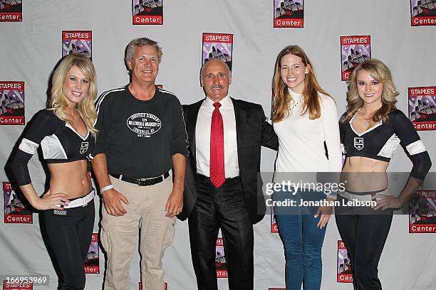 Daryl Evans and The LA Kings Ice Crew pose with guests at the LA Kings Chalk Talk & Game Experience at Staples Center on April 18, 2013 in Los...