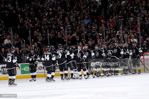 The Los Angeles Kings celebrate after defeating the Columbus Blue Jackets at Staples Center on April 18, 2013 in Los Angeles, California.