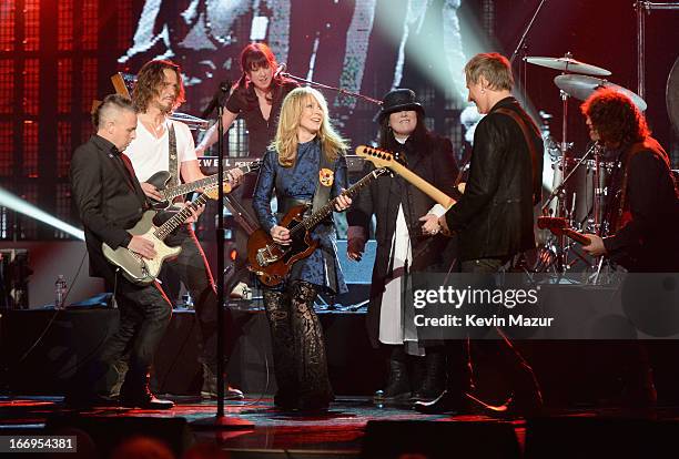 Musician Mike McCready, musician Chris Cornell, keyboardist Debby Shair, inductee Nancy Wilson, inducteee Ann Wilson and musician Jerry Cantreell...