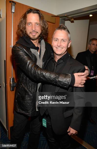Musicians Chris Cornell and Mike McCready attend the 28th Annual Rock and Roll Hall of Fame Induction Ceremony at Nokia Theatre L.A. Live on April...