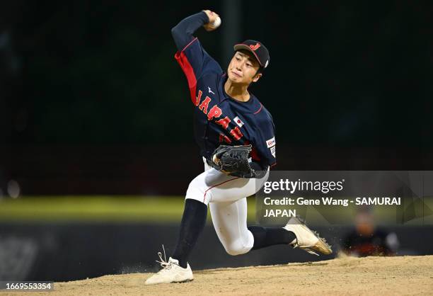 Koki Takahashi of Samurai Japan U-18 pitches in the bottom of the first inning during the WBSC U-18 Baseball World Cup Super Round game between Japan...