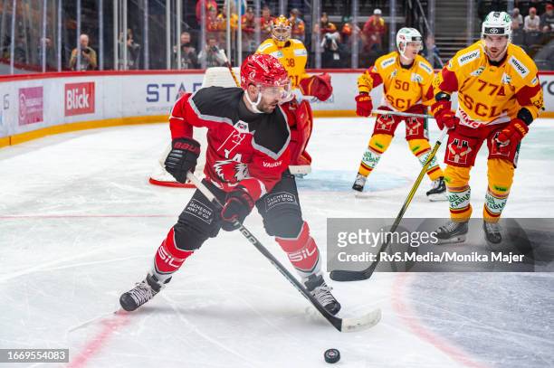 Jason Fuchs of Lausanne HC in action during the National League match between Lausanne HC and SCL Tigers at Vaudoise Arena on September 16, 2023 in...