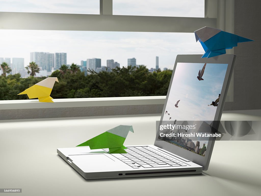 Paper bird is tweeting with a laptop PC