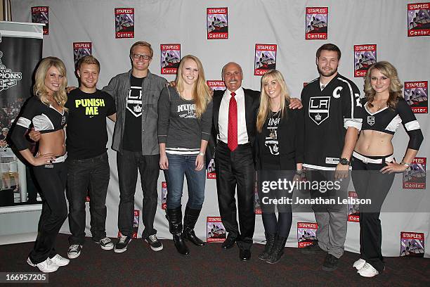 Daryl Evans and The LA Kings Ice Crew pose with guests attend the LA Kings Chalk Talk & Game Experience at Staples Center on April 18, 2013 in Los...