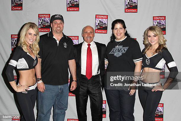 Daryl Evans and The LA Kings Ice Crew pose with guests attend the LA Kings Chalk Talk & Game Experience at Staples Center on April 18, 2013 in Los...