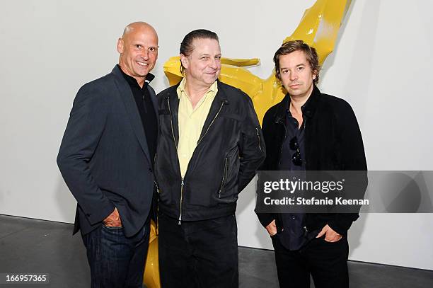 Perry Rubenstein, Georg Herold and Friedrich Kunath attend Georg Herold: Dear Hunter on April 18, 2013 in Los Angeles, California.