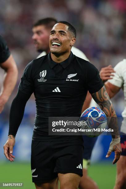 Aaron Smith of New Zealand reacts during the Rugby World Cup France 2023 match between France and New Zealand at Stade de France on September 8, 2023...