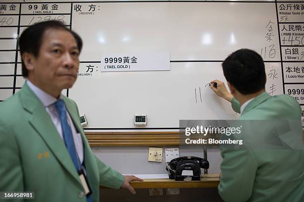 An employee of The Chinese Gold and Silver Exchange Society writes the price of '999.9 Tael' gold on the board while his colleague looks on in the...
