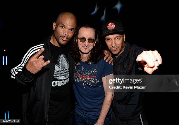 Inductee Darryl McDaniels, inductee Geddy Lee and musician Tom Morello attend the 28th Annual Rock and Roll Hall of Fame Induction Ceremony at Nokia...