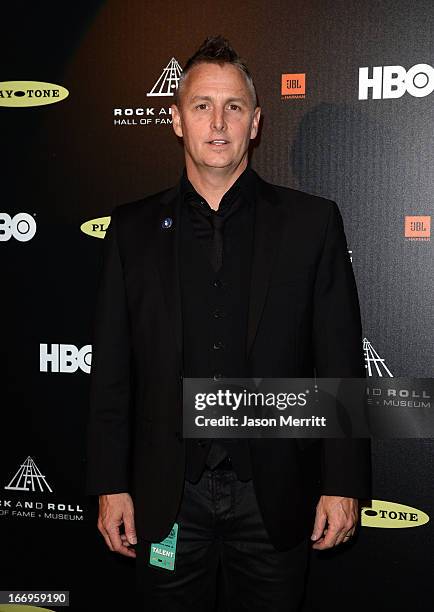 Musician Mike McCready poses in the press room at the 28th Annual Rock and Roll Hall of Fame Induction Ceremony at Nokia Theatre L.A. Live on April...