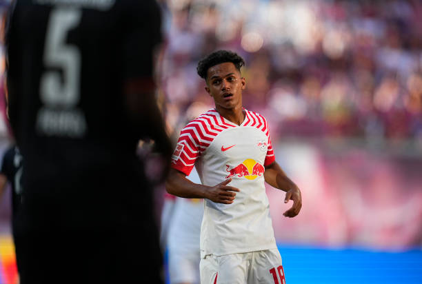Fábio Carvalho of RB Leipzig looks on during the Bundesliga match between RB Leipzig and FC Augsburg at Red Bull Arena on September 16, 2023 in...