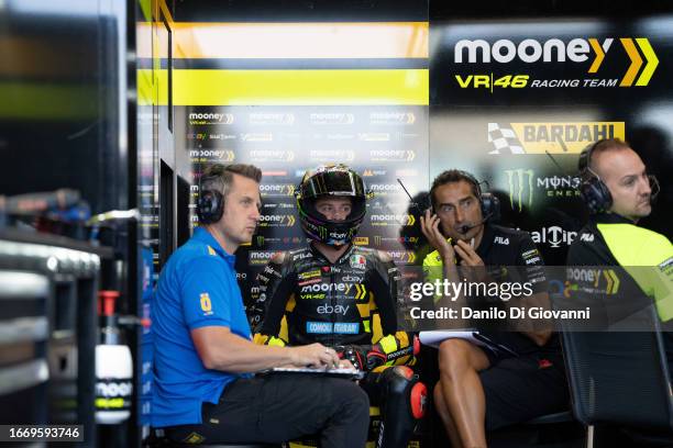 Marco Bezzecchi of Italy and Mooney VR46 Racing Team look on at box during qualify of the MotoGP Of San Marino at Misano World Circuit on September...