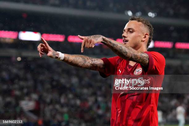 Noa Lang of PSV celebrates 2-0 during the Dutch Eredivisie match between PSV v NEC Nijmegen at the Philips Stadium on September 16, 2023 in Eindhoven...