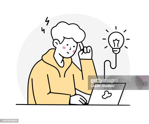 idea generation - young professional with laptop - man thinking at computer stock illustrations
