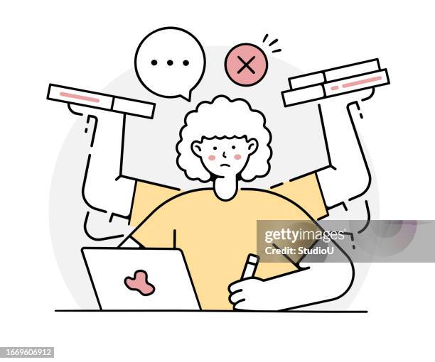 workload strain - overworked female professional - person juggling drawing stock illustrations