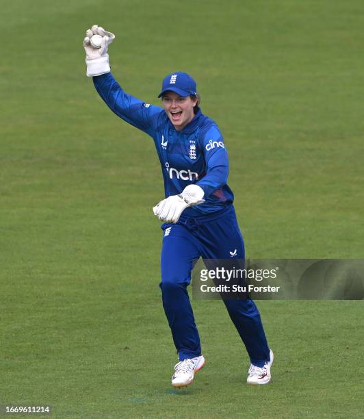 England wicketkeeper Amy Jones celebrates after taking the wicket of batter Hasini Perera during the 1st Metro Bank ODI between England and Sri Lanka...