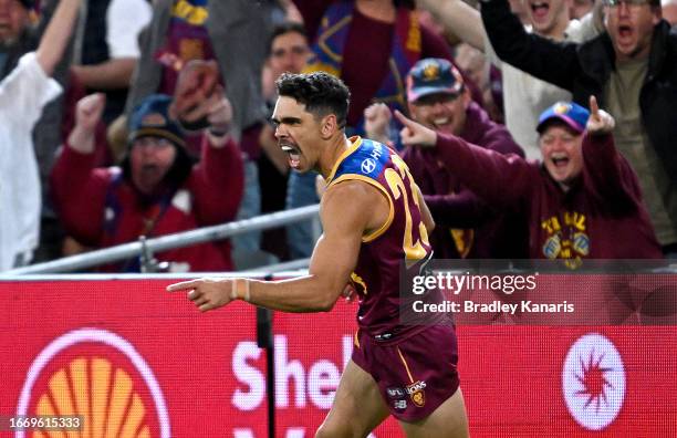 Charlie Cameron of the Lions celebrates kicking a goal during the Second Qualifying Final AFL match between the Brisbane Lions and Port Adelaide...