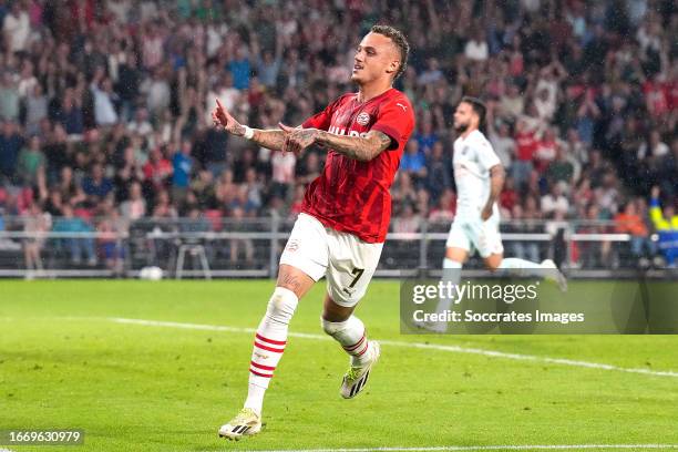 Noa Lang of PSV celebrates 2-0 during the Dutch Eredivisie match between PSV v NEC Nijmegen at the Philips Stadium on September 16, 2023 in Eindhoven...