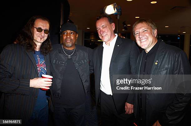 Inductees Geddy Lee, Chuck D, Neil Peart and Alex Lifeson attend the 28th Annual Rock and Roll Hall of Fame Induction Ceremony at Nokia Theatre L.A....