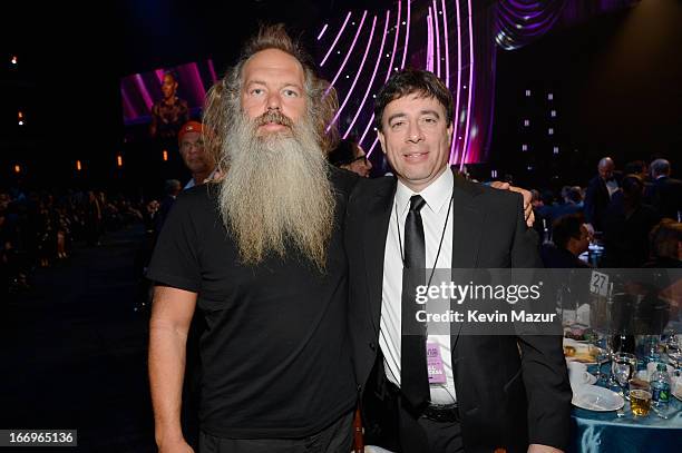 Producer Rick Rubin and guest attend the 28th Annual Rock and Roll Hall of Fame Induction Ceremony at Nokia Theatre L.A. Live on April 18, 2013 in...