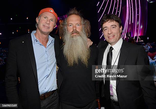 Drummer Chad Smith, producer Rick Rubin and guest attend the 28th Annual Rock and Roll Hall of Fame Induction Ceremony at Nokia Theatre L.A. Live on...