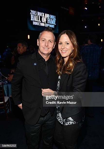 Musician Mike McCready and guest attend the 28th Annual Rock and Roll Hall of Fame Induction Ceremony at Nokia Theatre L.A. Live on April 18, 2013 in...