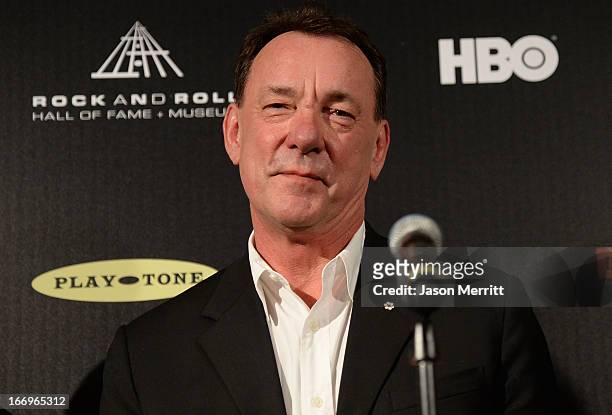 Inductee Neil Peart of Rush poses in the press room at the 28th Annual Rock and Roll Hall of Fame Induction Ceremony at Nokia Theatre L.A. Live on...