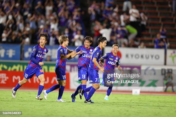 Ventforet Kofu players celebrate their second goal scored an own goal by Oita Trinita players during the J.LEAGUE Meiji Yasuda J2 34th Sec. Match...