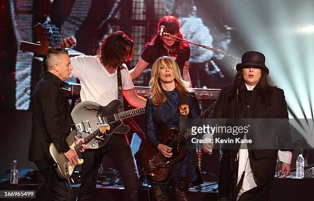 Musicians Mike McCready of Pearl Jam and Chris Cornell and inductees Nancy Wilson and Ann Wilson perform onstage during the 28th Annual Rock and Roll...