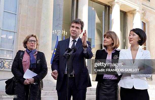 French Minister for Industrial Renewal and Food Industry Arnaud Montebourg next to Minister for Higher Education and Research Genevieve Fioraso ,...