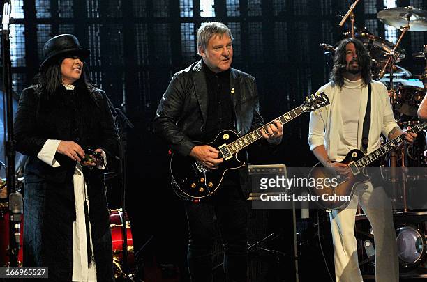 Inductees Ann Wilson of Heart, Alex Lifeson of Rush, and musician Dave Grohl perform onstage during the 28th Annual Rock and Roll Hall of Fame...