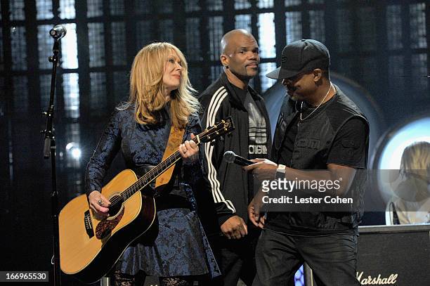 Inductees Nancy Wilson and Chuck D with Darryl 'DMC' McDaniels perform onstage during the 28th Annual Rock and Roll Hall of Fame Induction Ceremony...