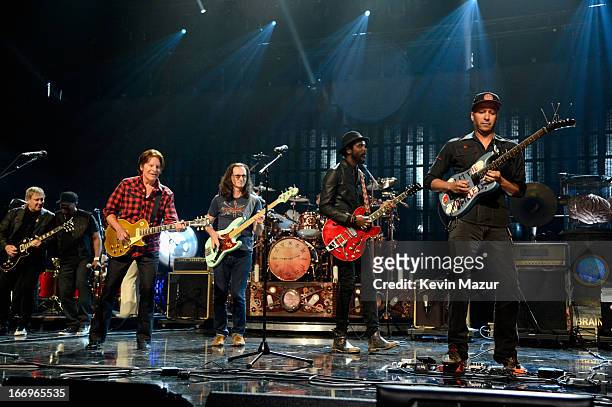 Musicians John Fogerty, Geddy Lee, Gary Clark Jr. And Tom Morello perform onstage during the 28th Annual Rock and Roll Hall of Fame Induction...