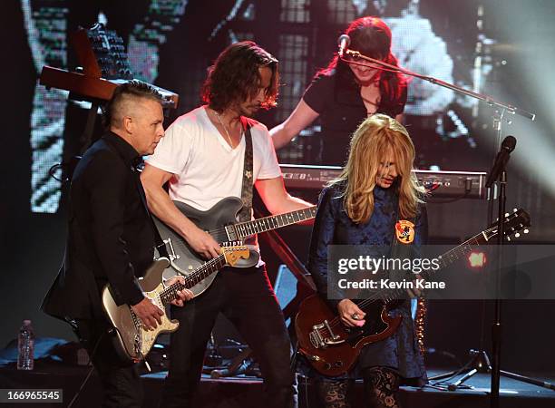 Musicians Chris Cornell and Mike McCready of Pearl Jam and inductee Nancy Wilson of Heart perform onstage during the 28th Annual Rock and Roll Hall...