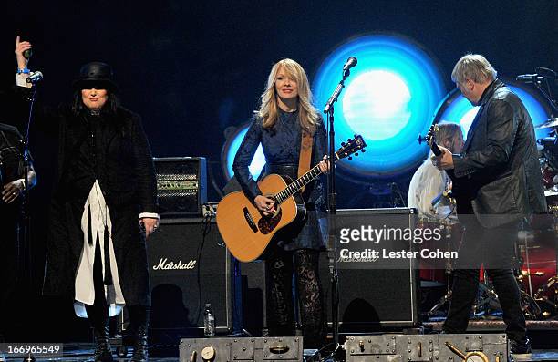 Inductees Ann Wilson and Nancy Wilson of Heart and Alex Lifeson of Rush perform onstage during the 28th Annual Rock and Roll Hall of Fame Induction...