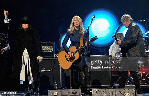 Inducteees Ann Wilson and Nancy Wilson of Heart and Alex Lifeson of Rush perform onstage during the 28th Annual Rock and Roll Hall of Fame Induction...