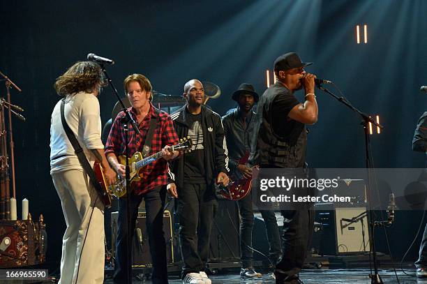 Musicians Dave Grohl, John Fogerty, Darryl "D.M.C." McDaniels, and honoree Chuck D onstage during the 28th Annual Rock and Roll Hall of Fame...