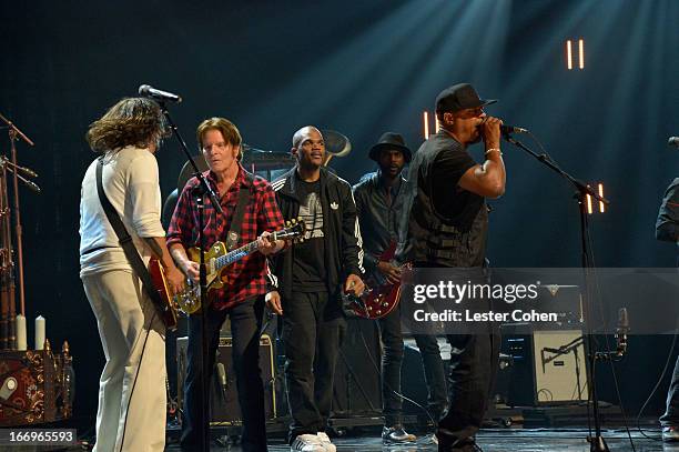 Musicians Dave Grohl, John Fogerty, Darryl 'DMC' McDaniels, Gary Clark Jr. And Chuck D perform onstage during the 28th Annual Rock and Roll Hall of...