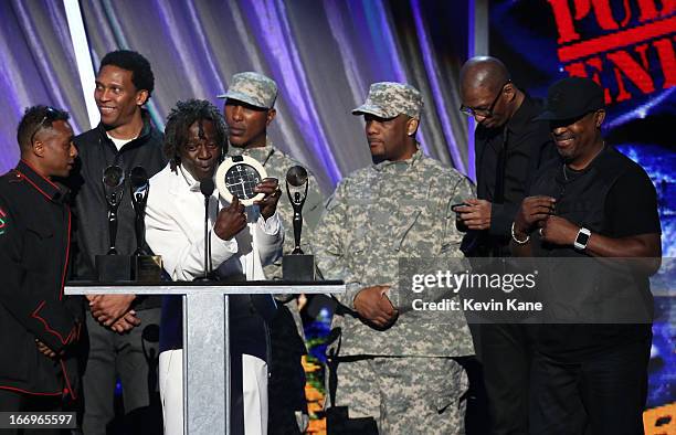 Public Enemy speak onstage during the 28th Annual Rock and Roll Hall of Fame Induction Ceremony at Nokia Theatre L.A. Live on April 18, 2013 in Los...