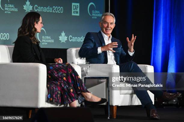 Member of the Parliament of Canada, Anna Gainey and former Prime Minister of the United Kingdom, Tony Blair have a discussion at the Global Progress...