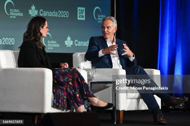 Member of the Parliament of Canada, Anna Gainey and former Prime Minister of the United Kingdom, Tony Blair have a discussion at the Global Progress...