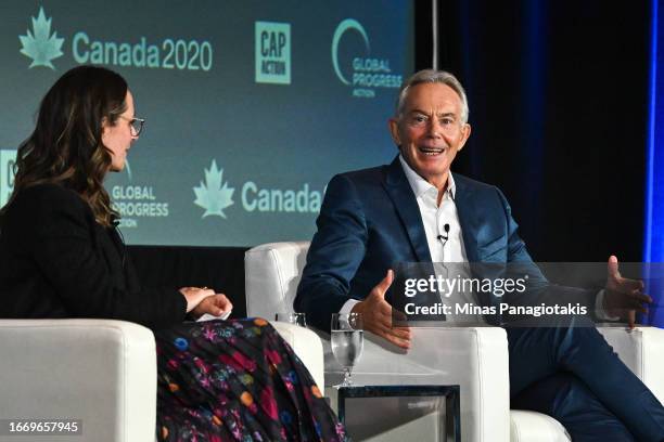 Member of the Parliament of Canada, Anna Gainey and former Prime Minister of the United Kingdom, Tony Blair have a discussion at the Global Progress...