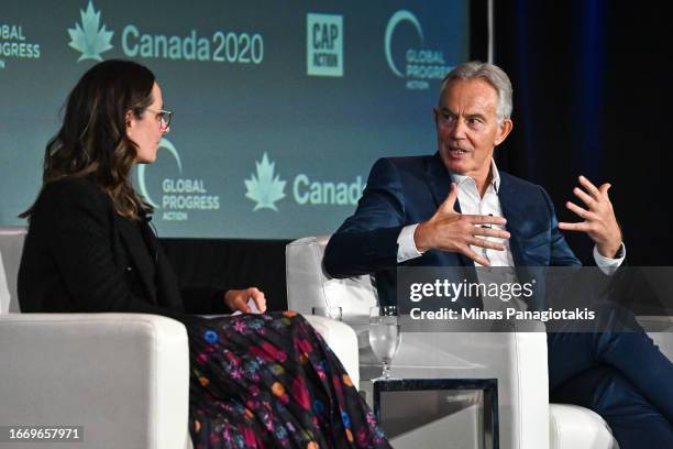 Member of the Parliament of Canada, Anna Gainey and former Prime Minister of the United Kingdom, Tony Blair have a discussion at the Global Progress...