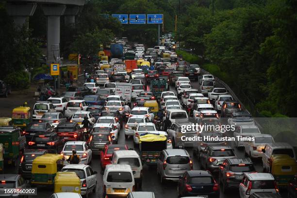 Traffic jam during light rainfall at Badarpur road towards Ashram, on September 16, 2023 in New Delhi, India.