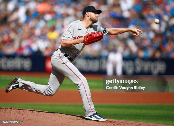 Chris Sale the Boston Red Sox delivers a pitch in the first inning against the Toronto Blue Jays at Rogers Centre on September 16, 2023 in Toronto,...