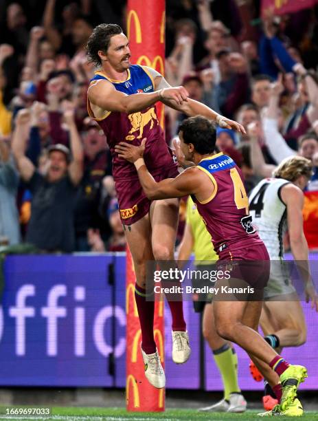 Joe Daniher of the Lions celebrates kicking a goal during the Second Qualifying Final AFL match between the Brisbane Lions and Port Adelaide Power at...